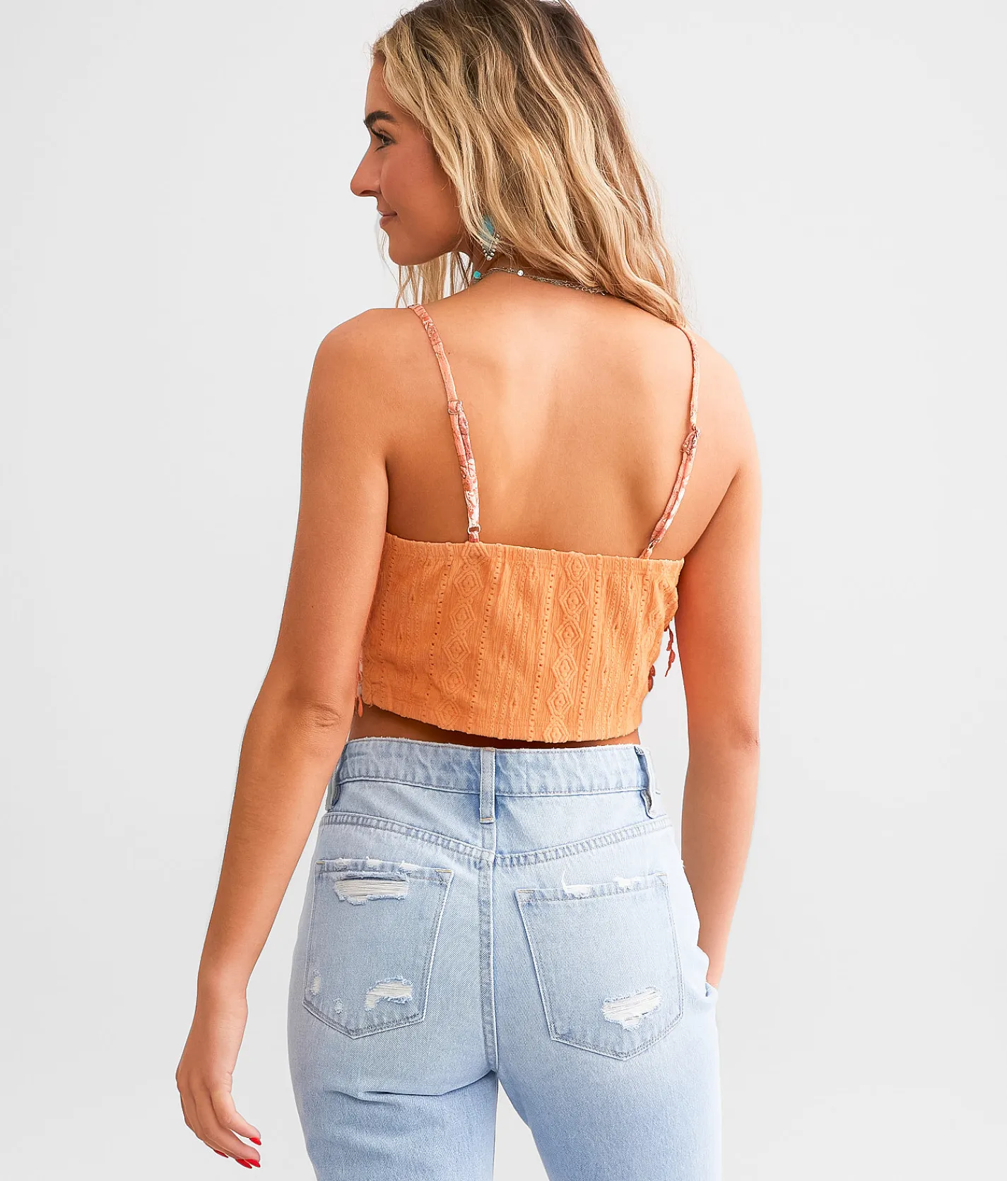 Miss Me Crochet Fringe Hanky Hem Tank Top Rust Orange