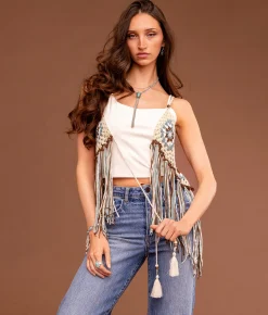 Sterling & Stitch Crochet Fringe Sweater Tank Top Cream Blue