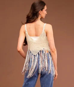 Sterling & Stitch Crochet Fringe Sweater Tank Top Cream Blue