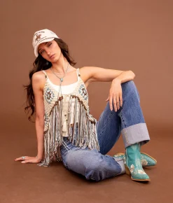 Sterling & Stitch Crochet Fringe Sweater Tank Top Cream Blue