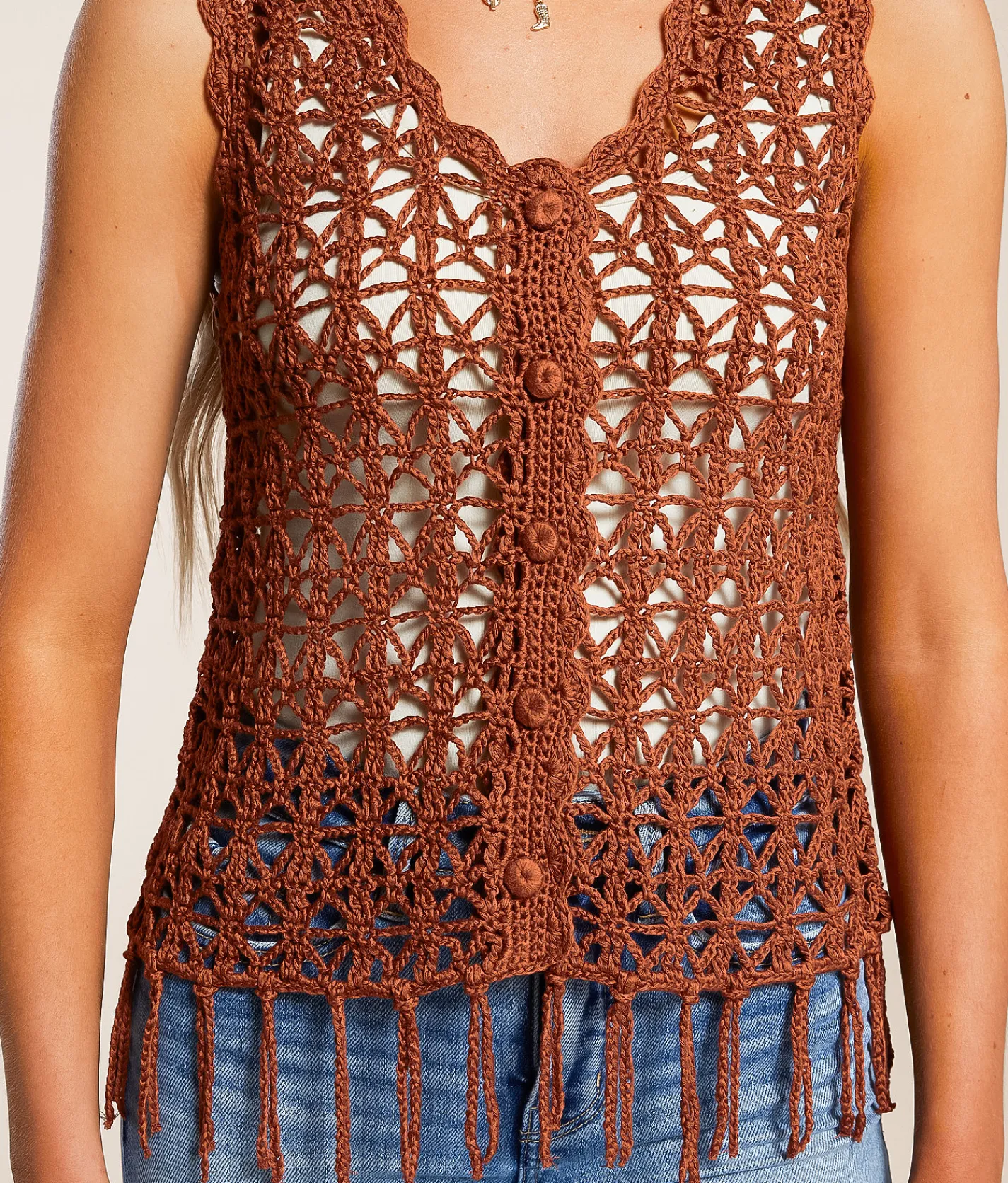 Daytrip Crochet Fringe Sweater Tank Top Henna Best