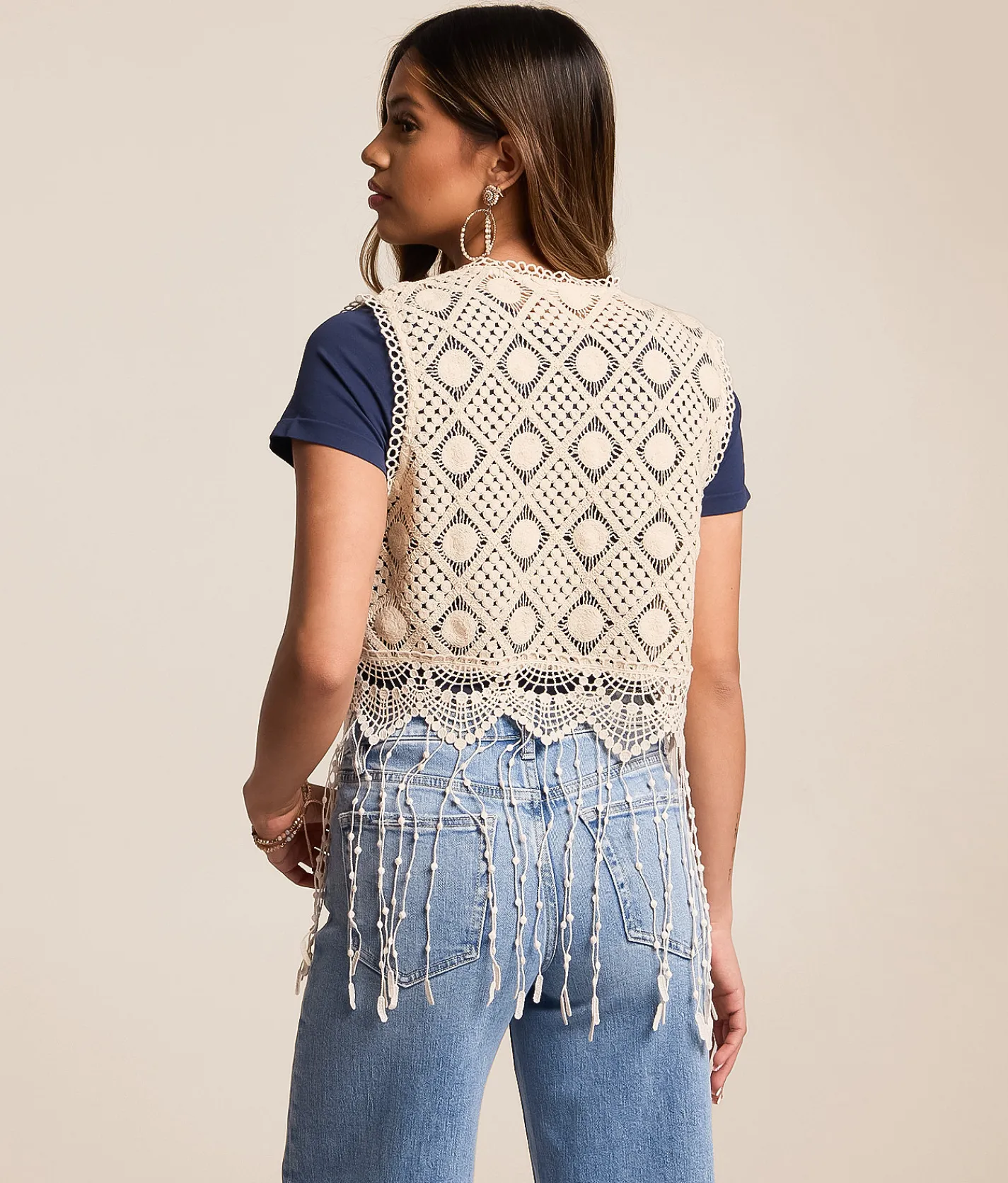 Miss Me Crochet Fringe Vest Natural Discount