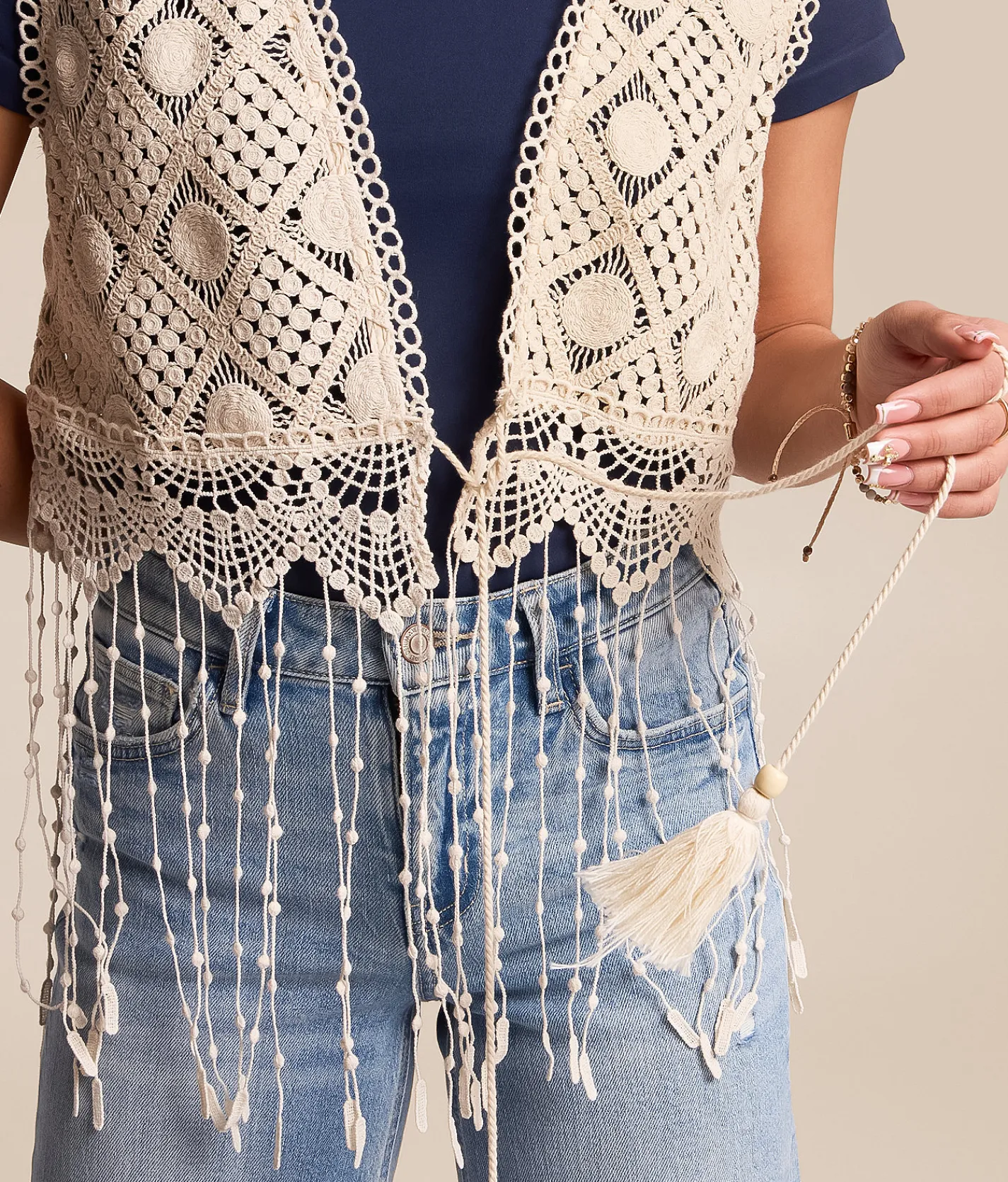 Miss Me Crochet Fringe Vest Natural Discount