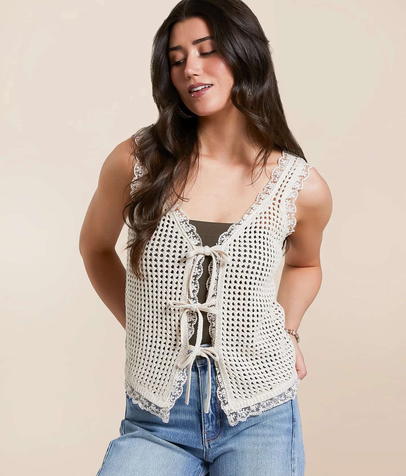 Tops | Main Strip Crochet Front Tie Sweater Vest Natural