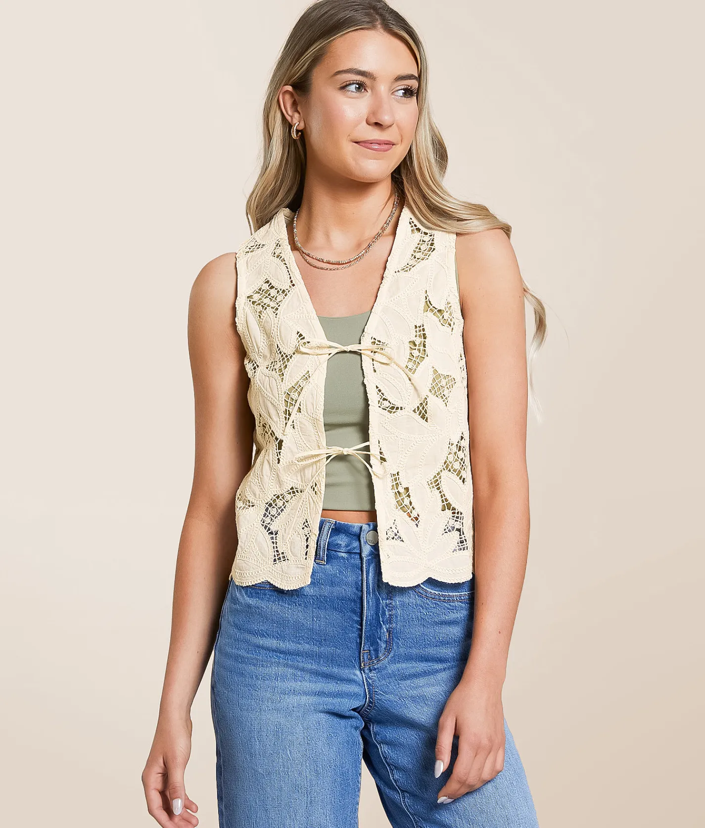 Tops | Willow & Root Crochet Front Tie Tank Top Cream