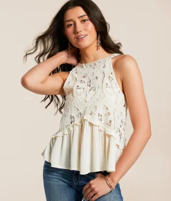 Tops | Miss Me Crochet High Neck Tank Top Natural