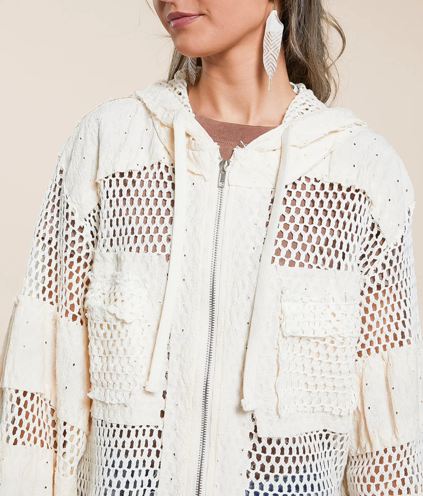 POL Crochet Hooded Jacket Charcoal