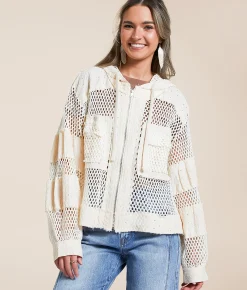 POL Crochet Hooded Jacket Charcoal