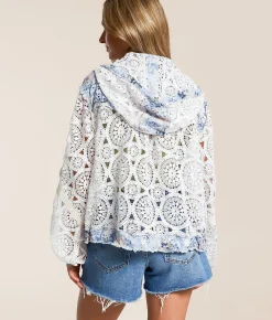 POL Crochet Hooded Shacket Ivory Multi Hot
