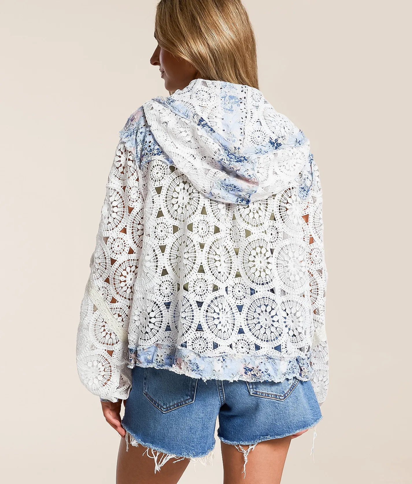 POL Crochet Hooded Shacket Ivory Multi Hot