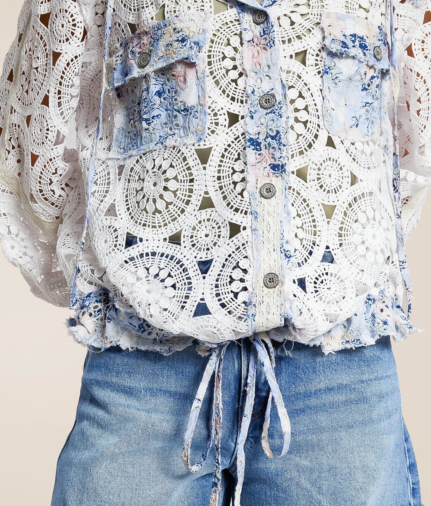 POL Crochet Hooded Shacket Ivory Multi Hot