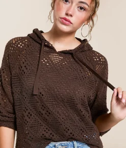 Tops | Gilded Intent Crochet Hoodie Chocolate Martini