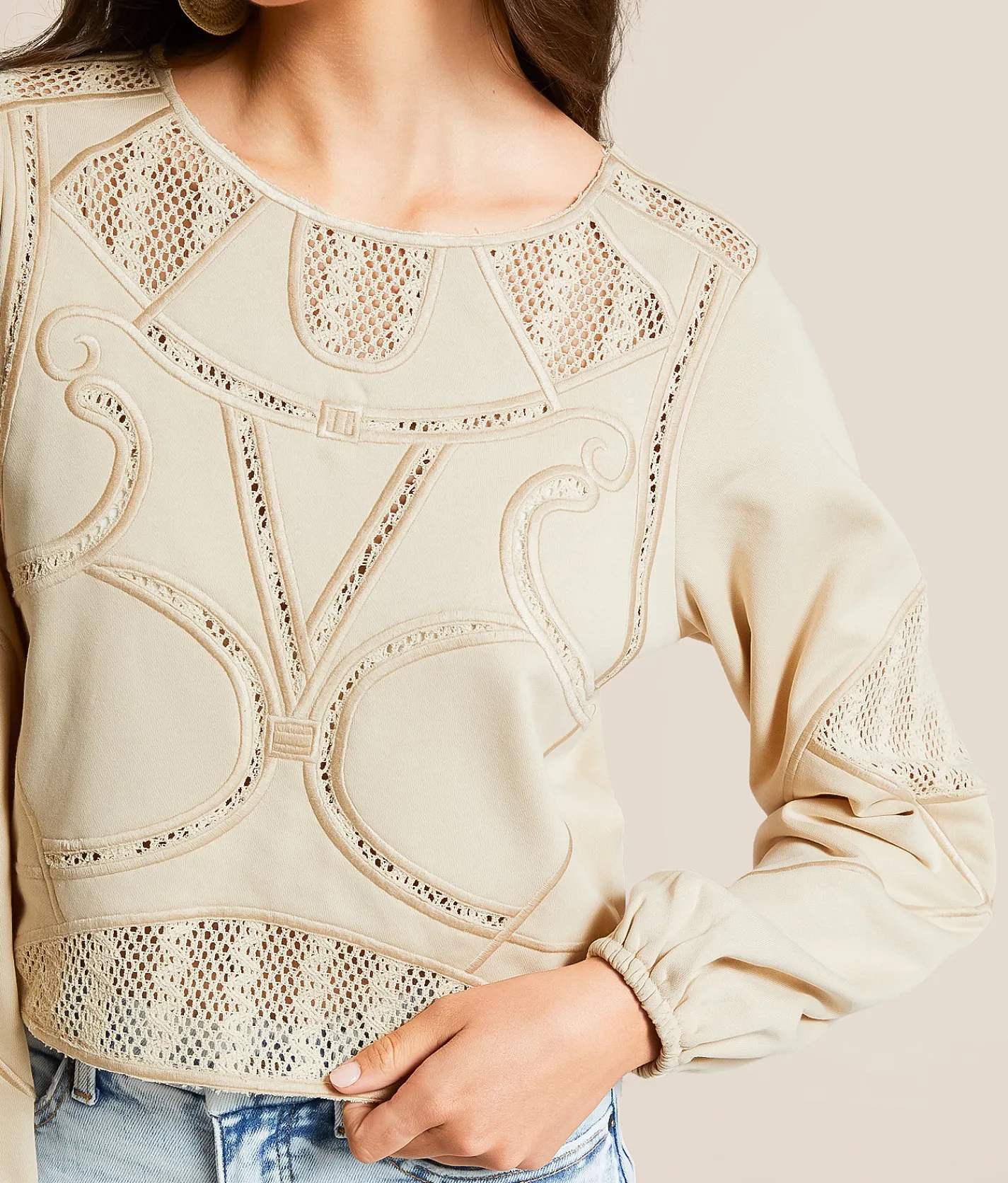 Tops | Blue B Crochet Inset Pullover Beige