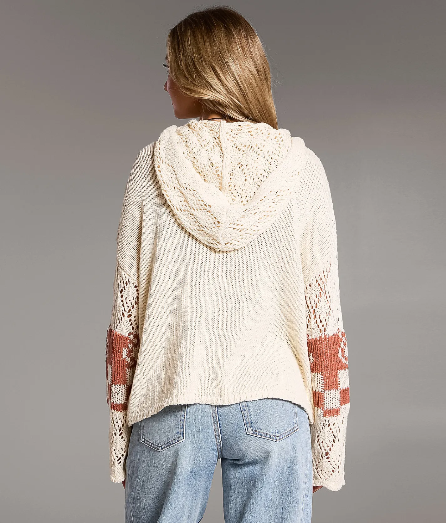 BKE Crochet Jacquard Hooded Sweater Rust Cream Outlet