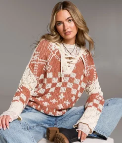 BKE Crochet Jacquard Hooded Sweater Rust Cream Outlet