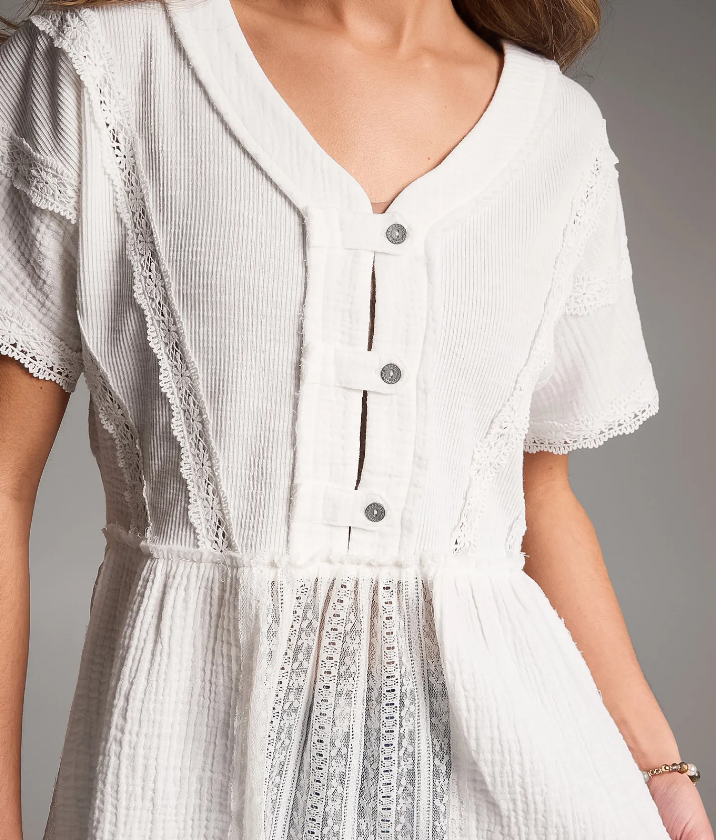 BKE Crochet Lace Peplum Henley White New