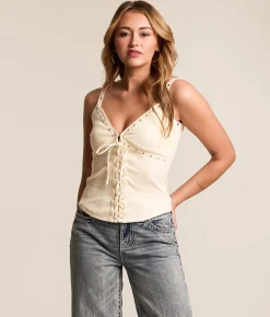 Tops | Miss Me Crochet Lace-Up Tank Top Off White