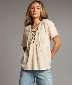 BKE Crochet Lace-Up Top Beige Online