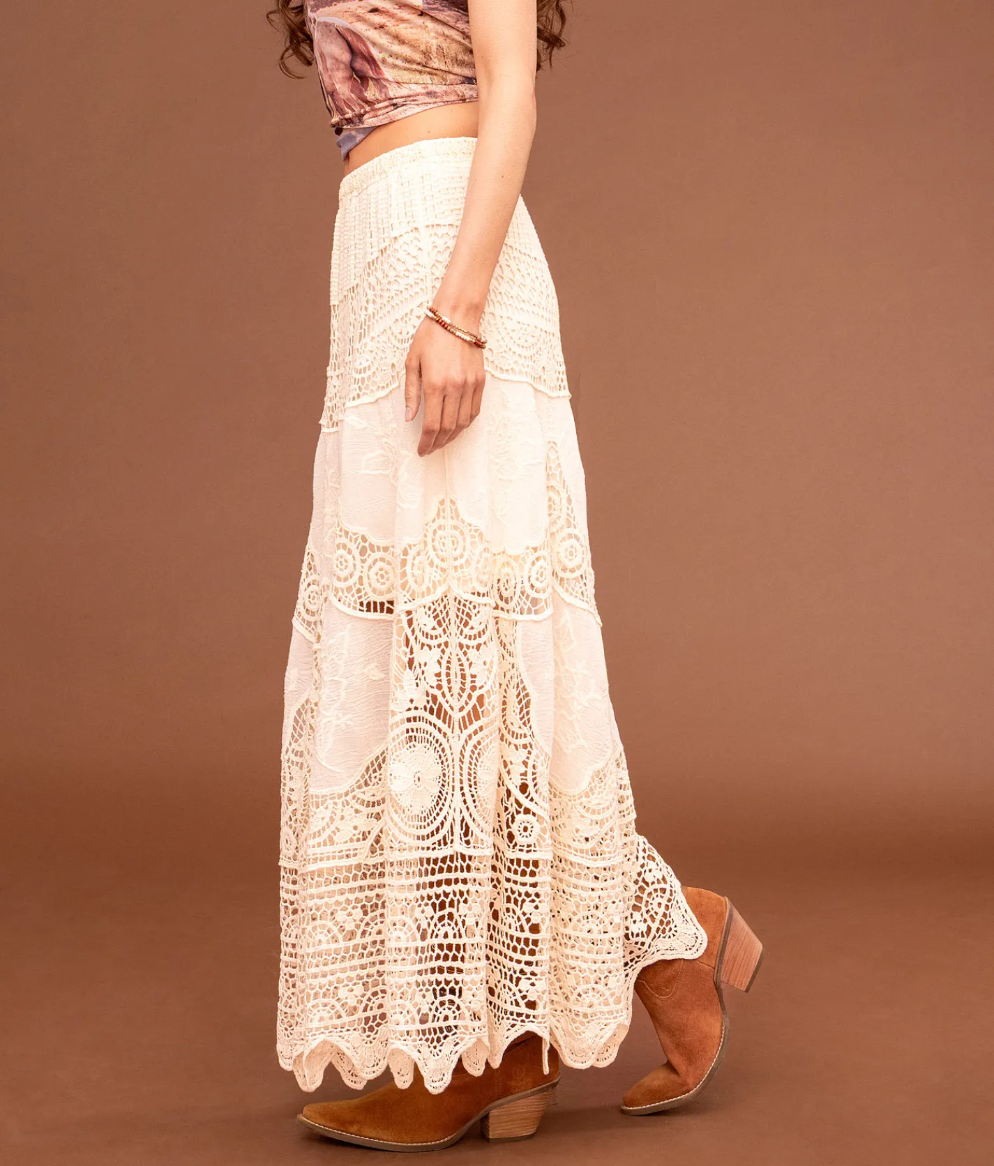 Sterling & Stitch Crochet Midi Skirt Cream Online