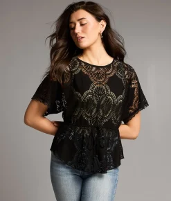 BKE Crochet Peplum Top Black New