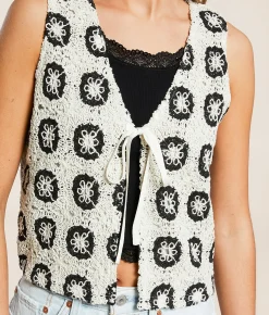 Tops|Coats & Jackets | Willow & Root Crochet Stitch Vest Black Cream