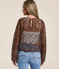Tops | Willow & Root Crochet Sweater Brown