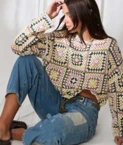 33 Coastal Crochet Sweater Multi Colored Clearance