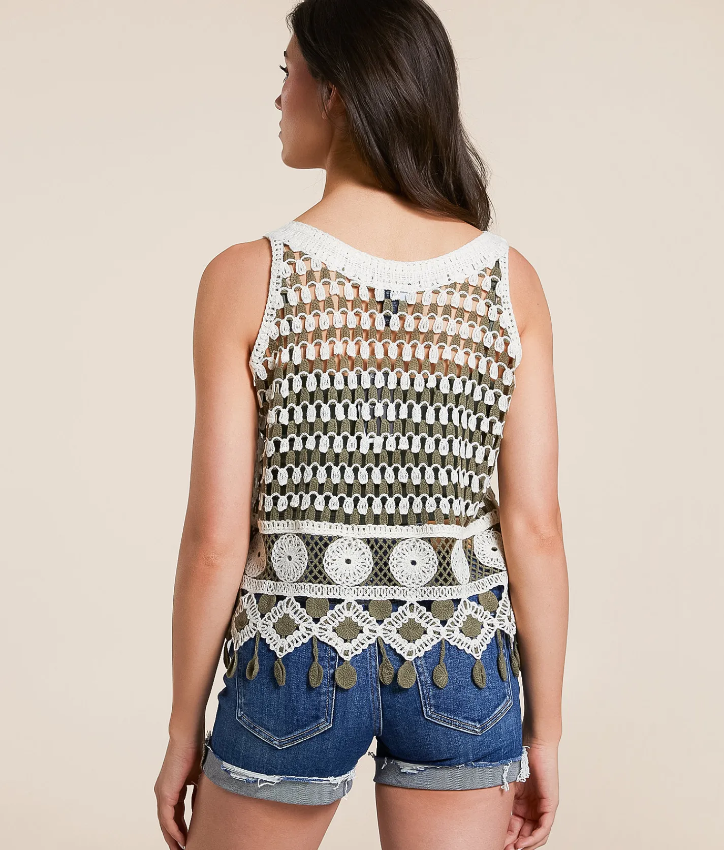 Daytrip Crochet Sweater Knit Tank Top Cream Sage