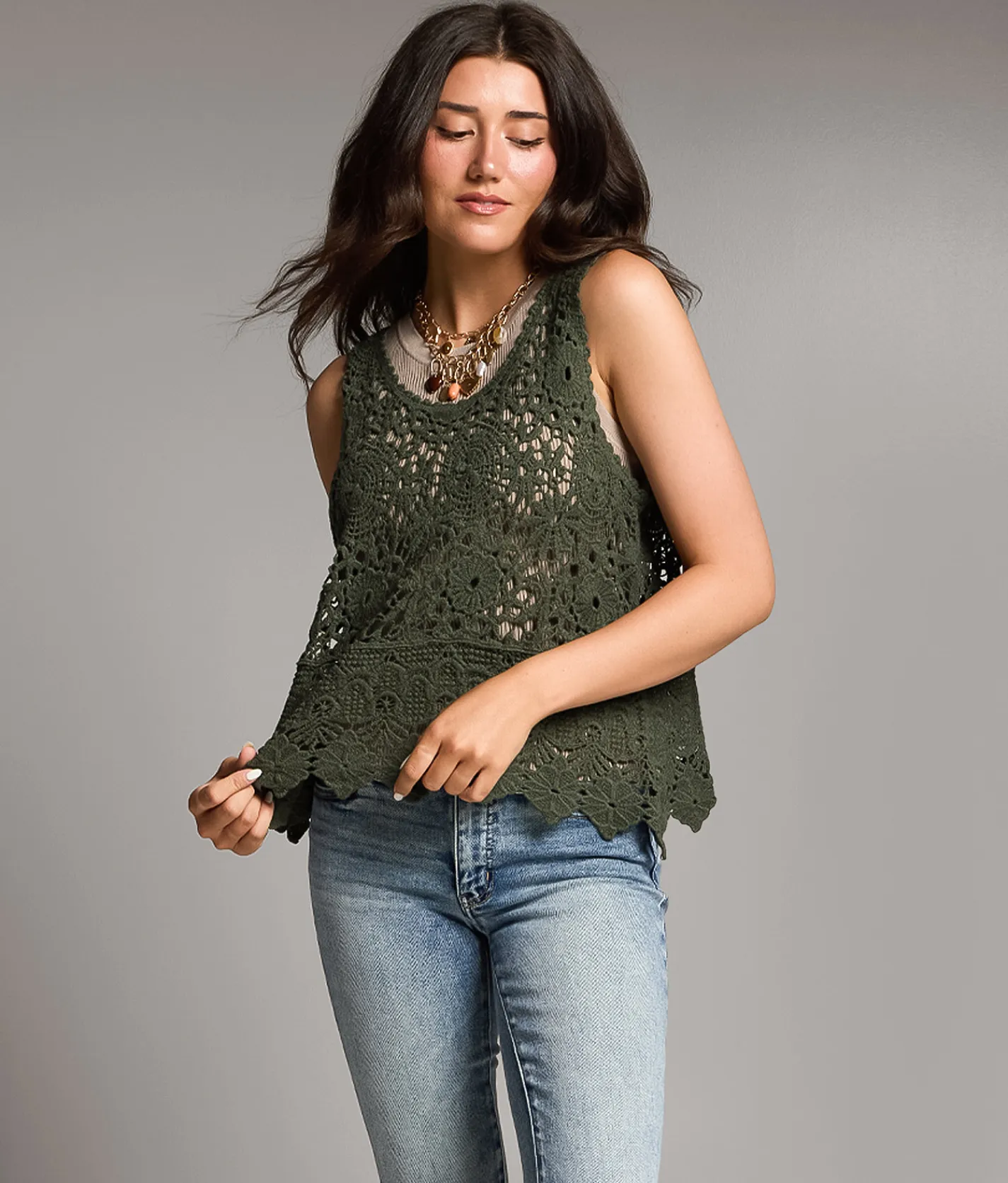 BKE Crochet Sweater Tank Top Thyme Discount