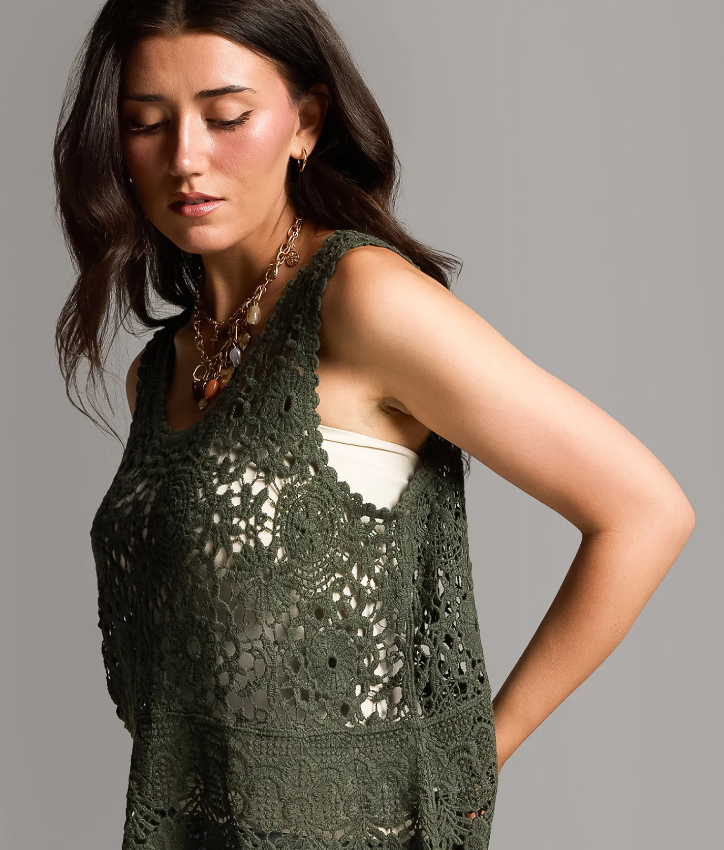 BKE Crochet Sweater Tank Top Thyme Discount