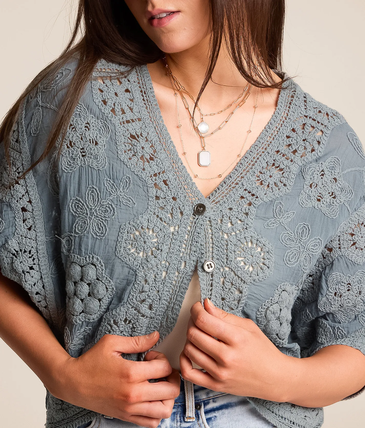 POL Crochet Top Grey Clearance