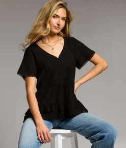 BKE Crochet Trim Ruffle Top Black New