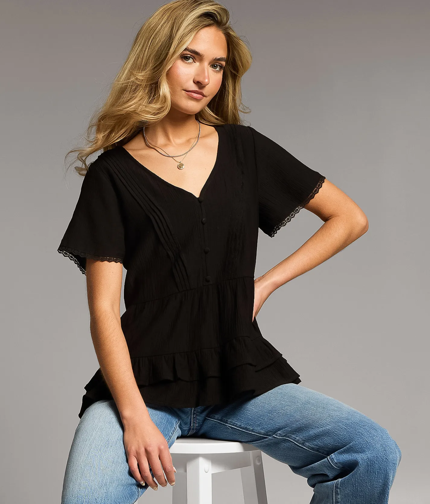 BKE Crochet Trim Ruffle Top Black New