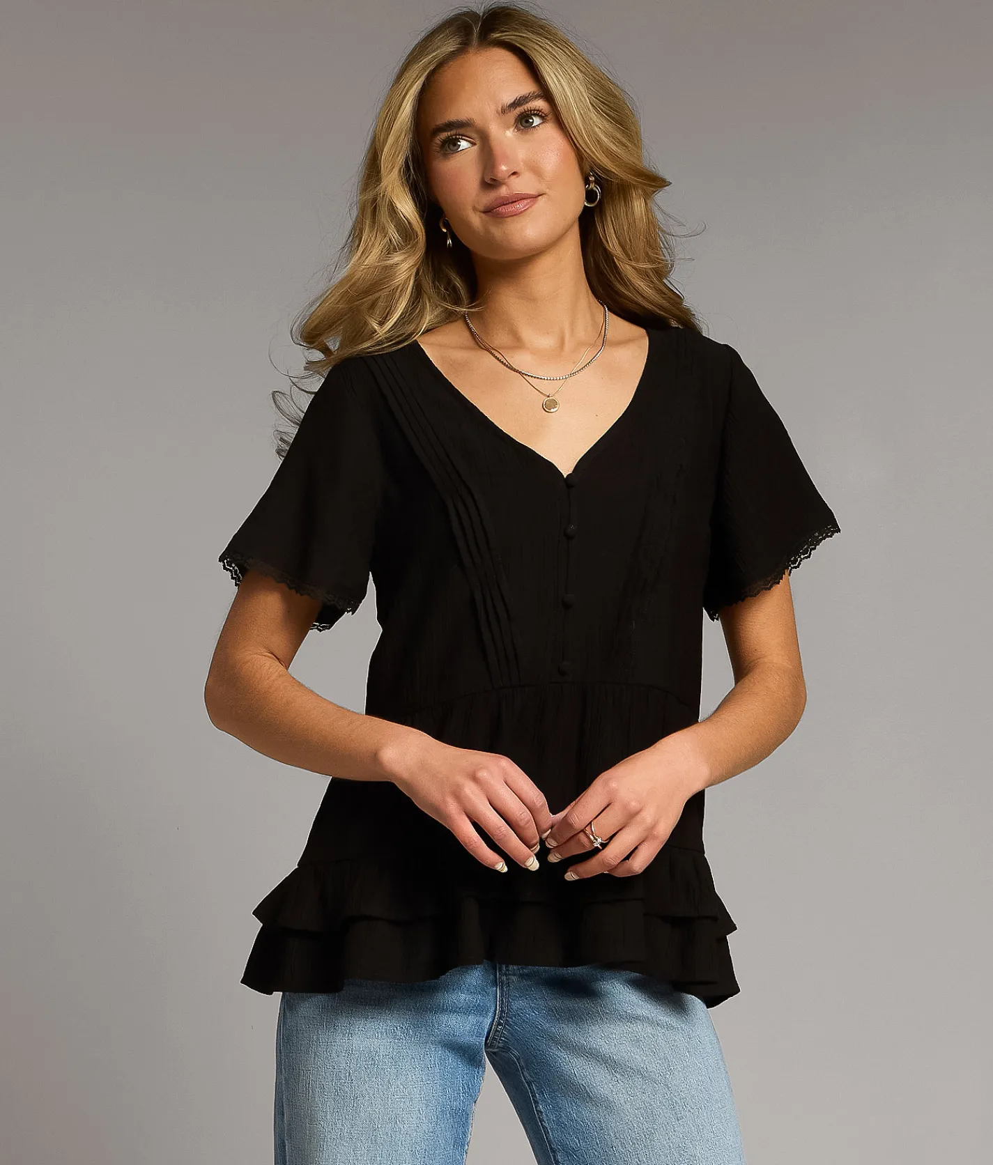 BKE Crochet Trim Ruffle Top Black New
