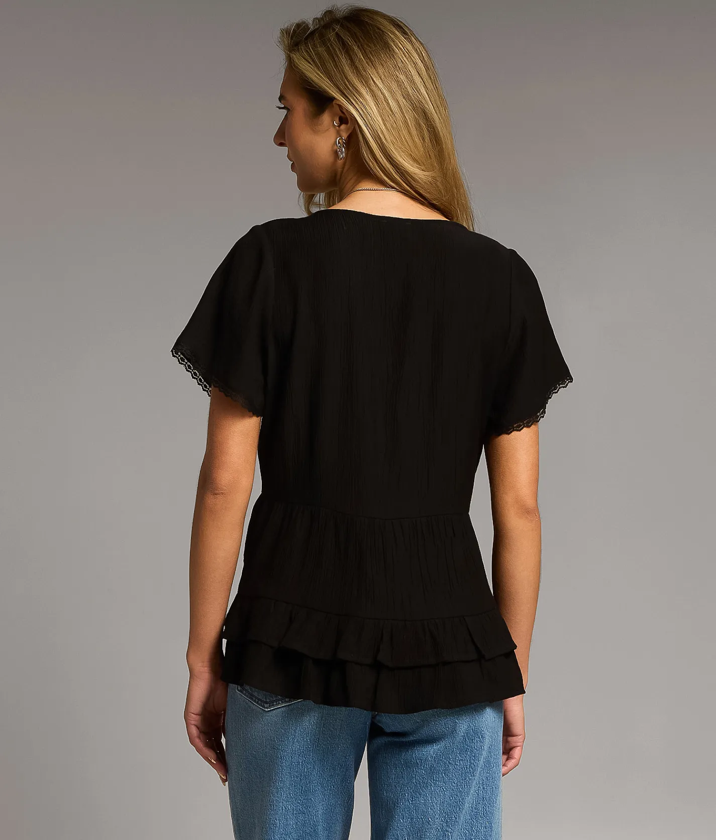 BKE Crochet Trim Ruffle Top Black New
