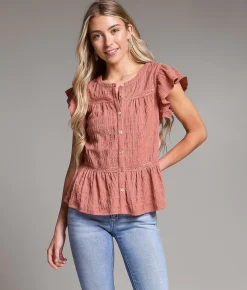Tops | BKE Crochet Trim Ruffle Top Dusty Rose