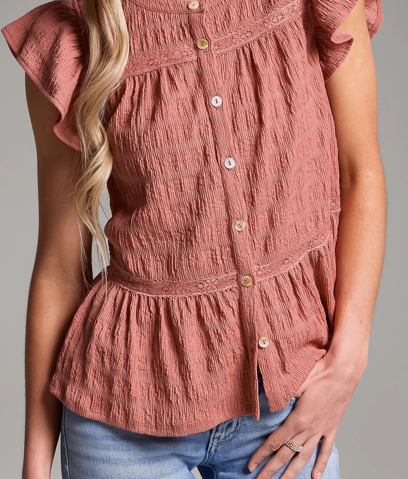 Tops | BKE Crochet Trim Ruffle Top Dusty Rose