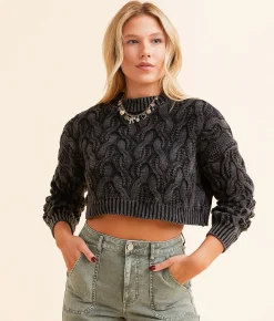 Hyfve Cropped Cable Knit Sweater Black Sale