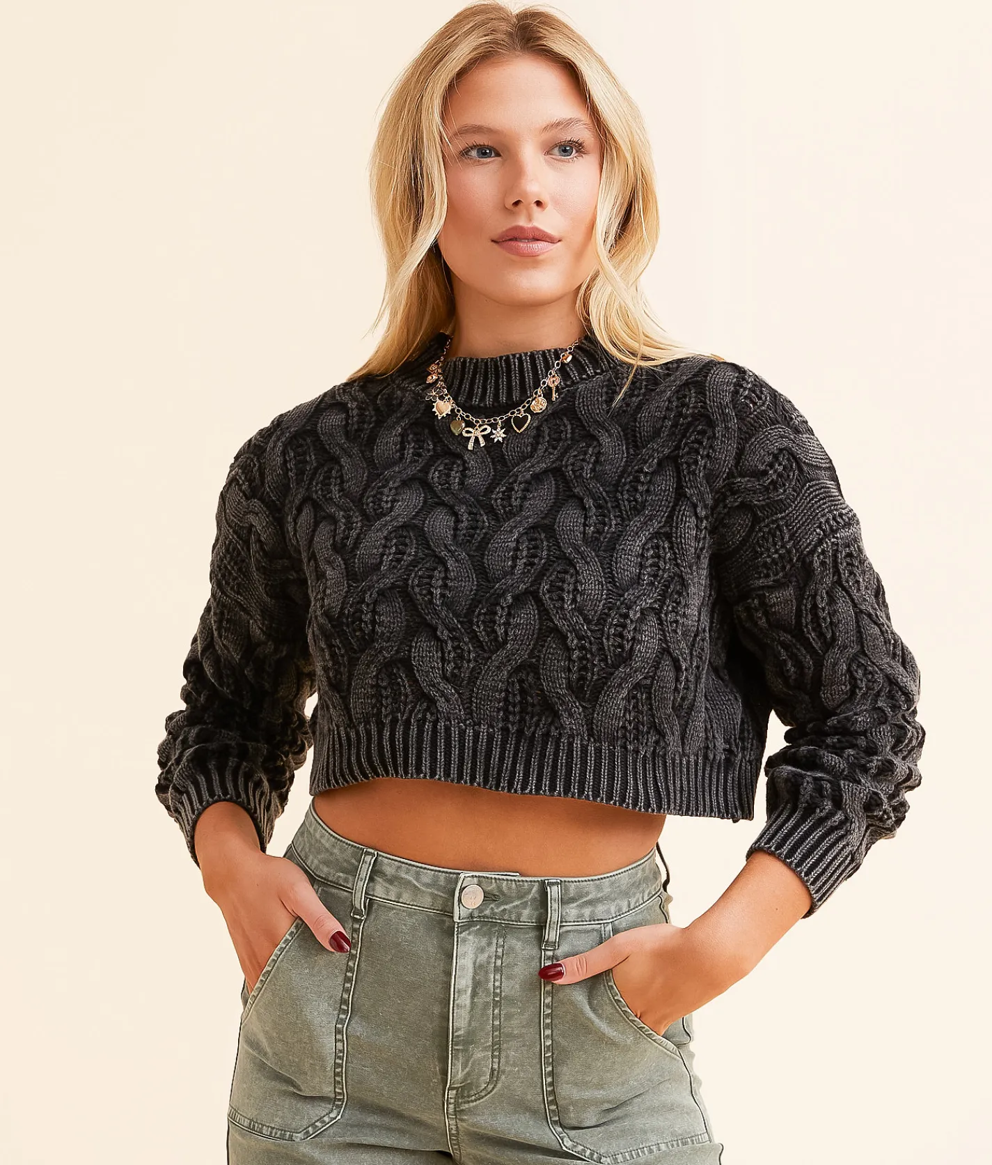 Hyfve Cropped Cable Knit Sweater Black Sale
