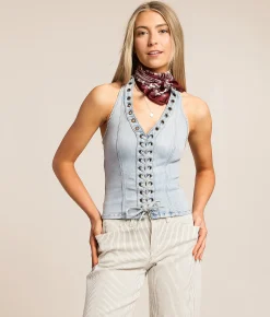 HIDDEN Cropped Denim Halter Tank Top Mandalay New