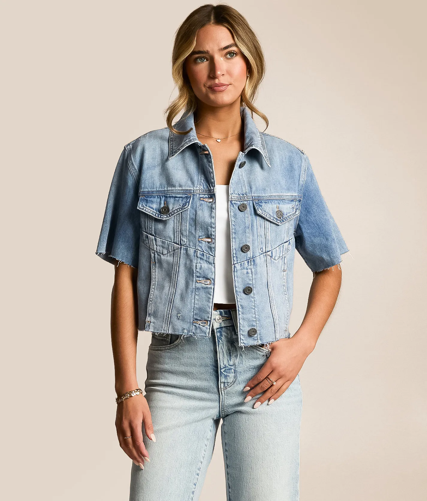 HIDDEN Cropped Denim Shirt Light Wash New