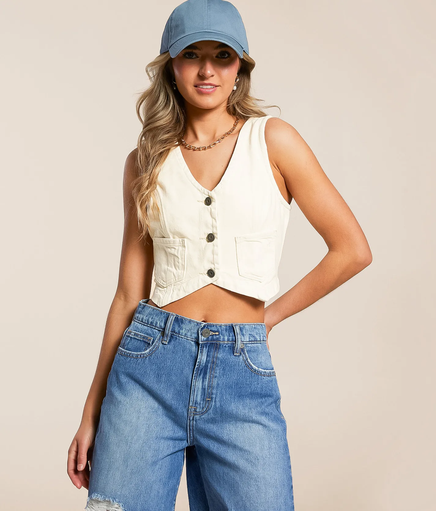 Tops|Coats & Jackets | HIDDEN Cropped Denim Vest Ecru