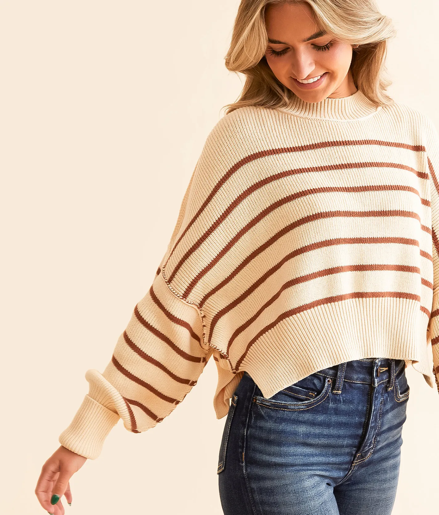 Tops | Hyfve Cropped Knit Striped Sweater Cream Brown