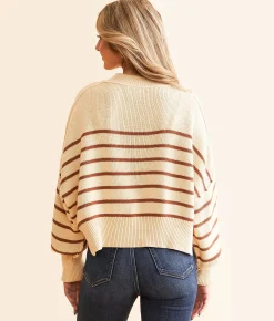 Tops | Hyfve Cropped Knit Striped Sweater Cream Brown