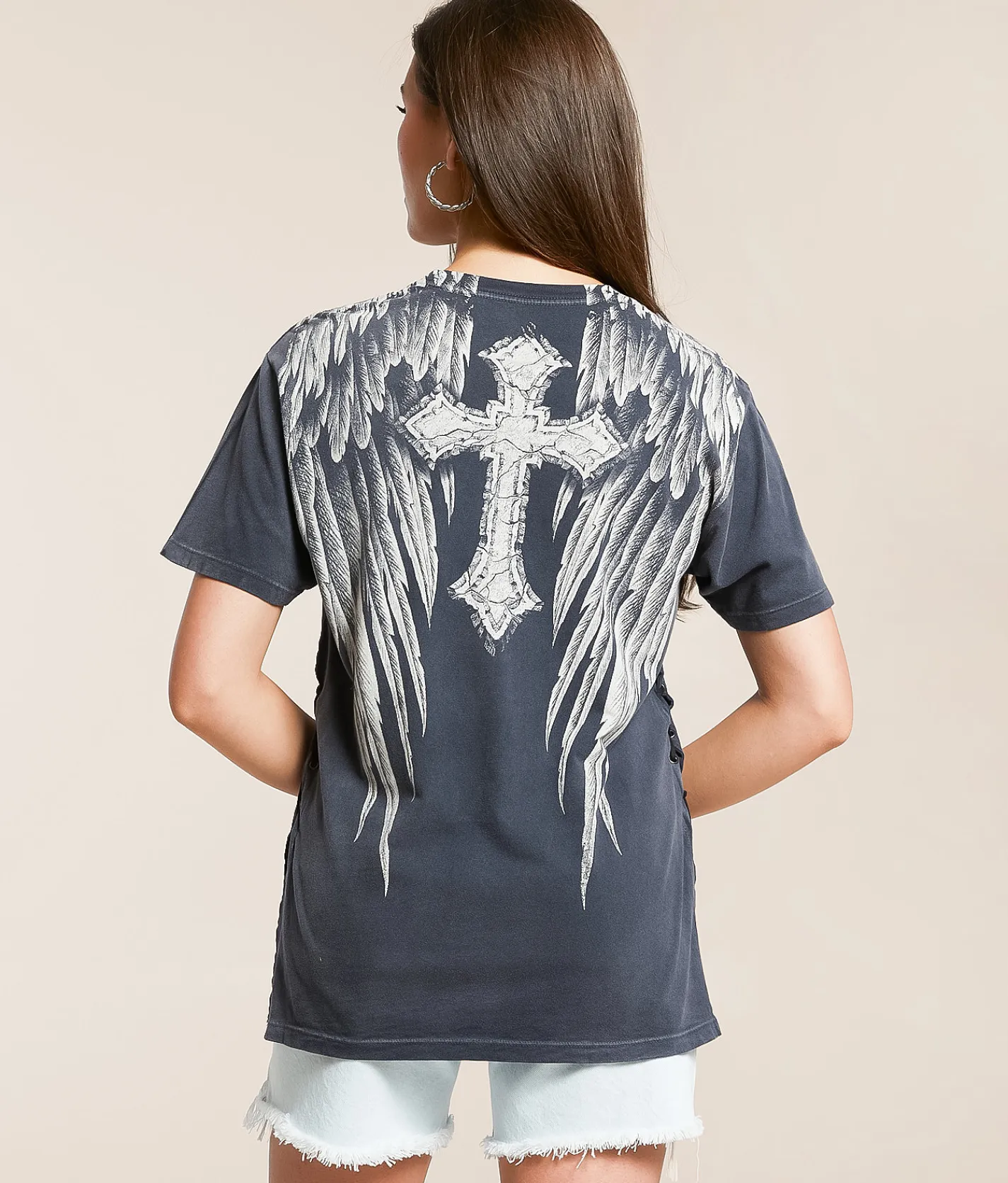 Tops | Affliction Crossed Over T-Shirt Dk Gray Pigment Dye