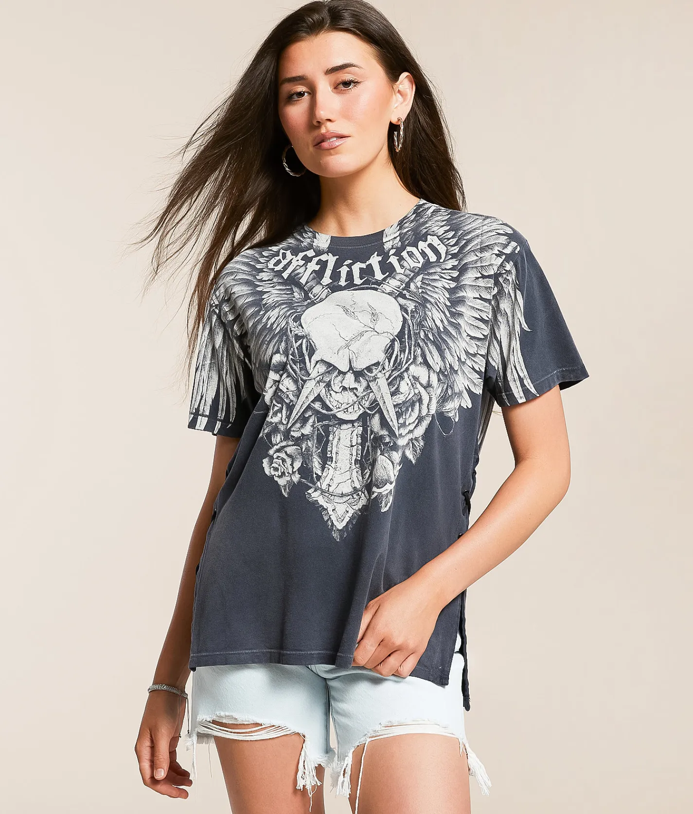 Tops | Affliction Crossed Over T-Shirt Dk Gray Pigment Dye