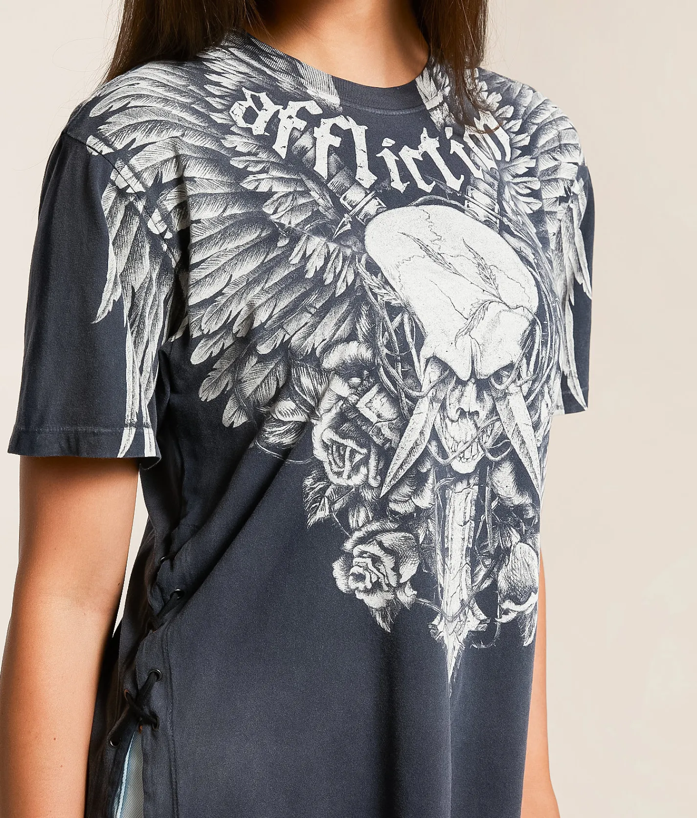 Tops | Affliction Crossed Over T-Shirt Dk Gray Pigment Dye