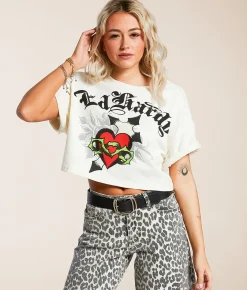 Ed Hardy Cross Heart Cropped T-Shirt Vintage Ivory Sale