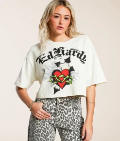 Ed Hardy Cross Heart Cropped T-Shirt Vintage Ivory Sale