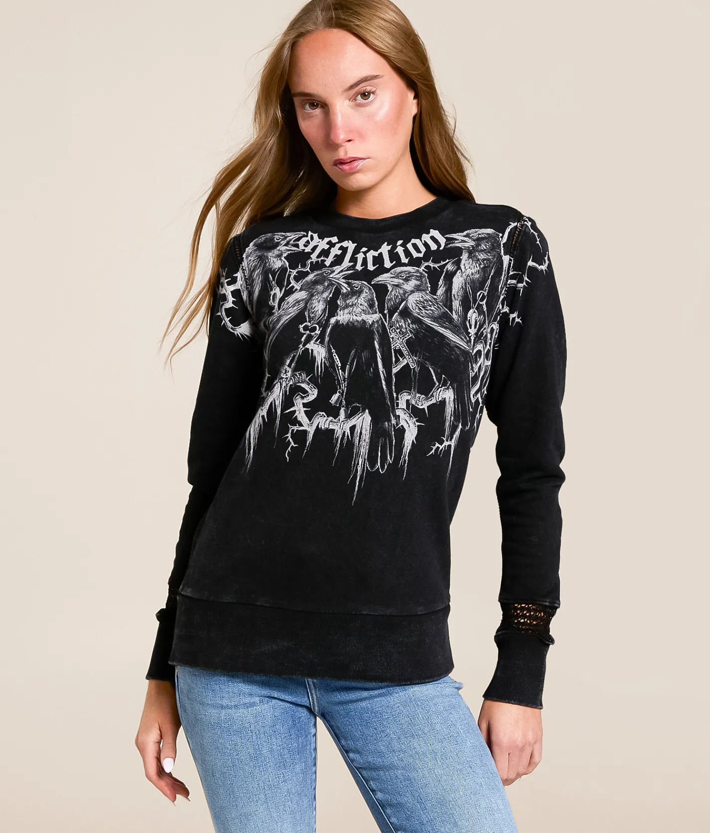 Affliction Crows Pullover Black Lava Wash New